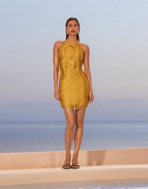 ASOS DESIGN halter draped fringe mini dress in chartreuse - view 1