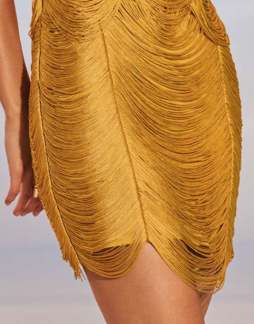 ASOS DESIGN halter draped fringe mini dress in chartreuse