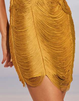 ASOS DESIGN halter draped fringe mini dress in chartreuse