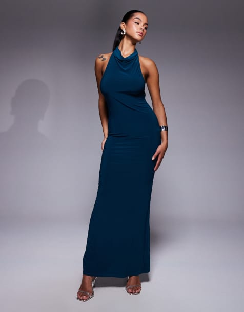 ASOS DESIGN halter draped maxi dress with open back in petrol blue - view 1