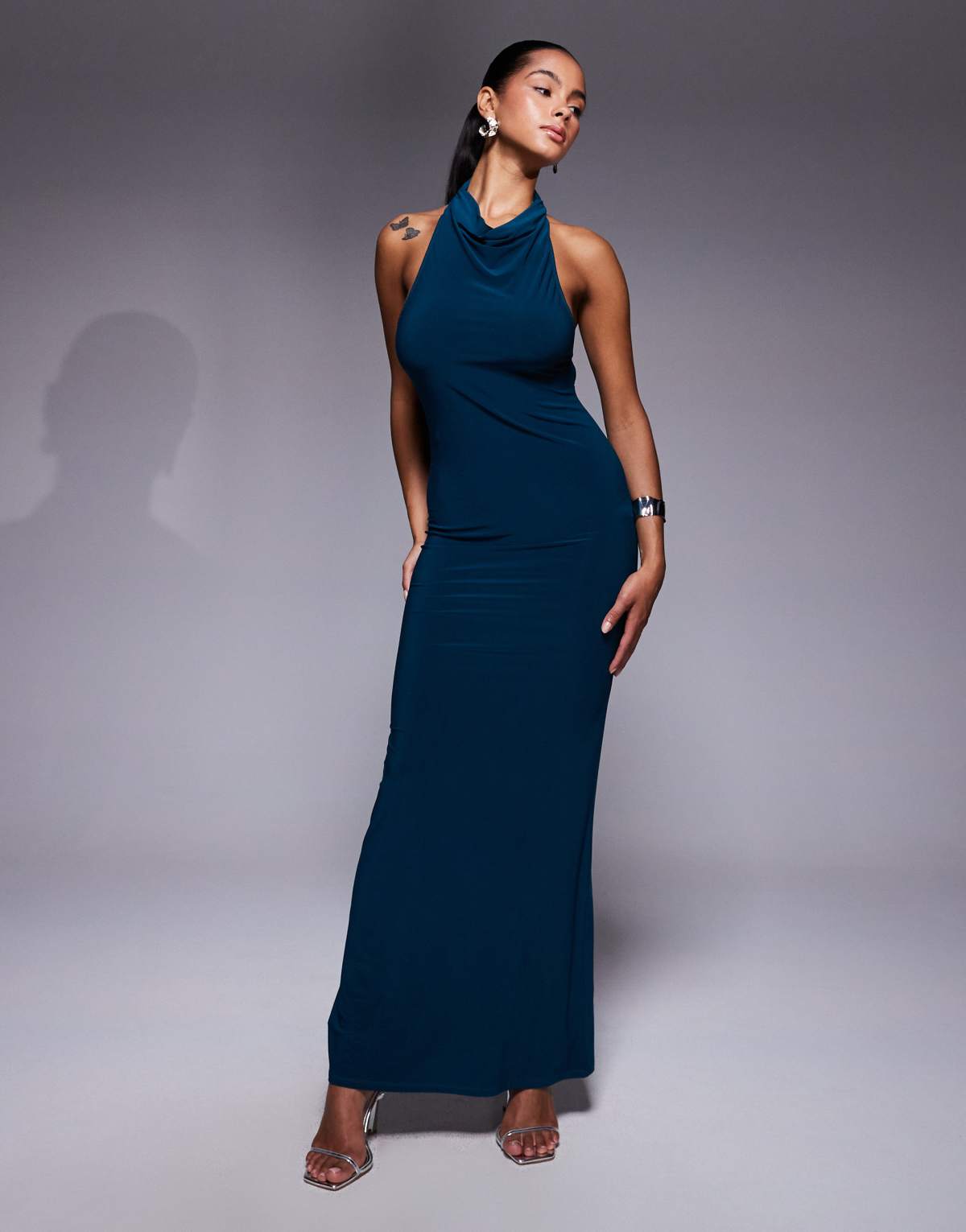 ASOS DESIGN halter draped maxi dress with open back in petrol blue