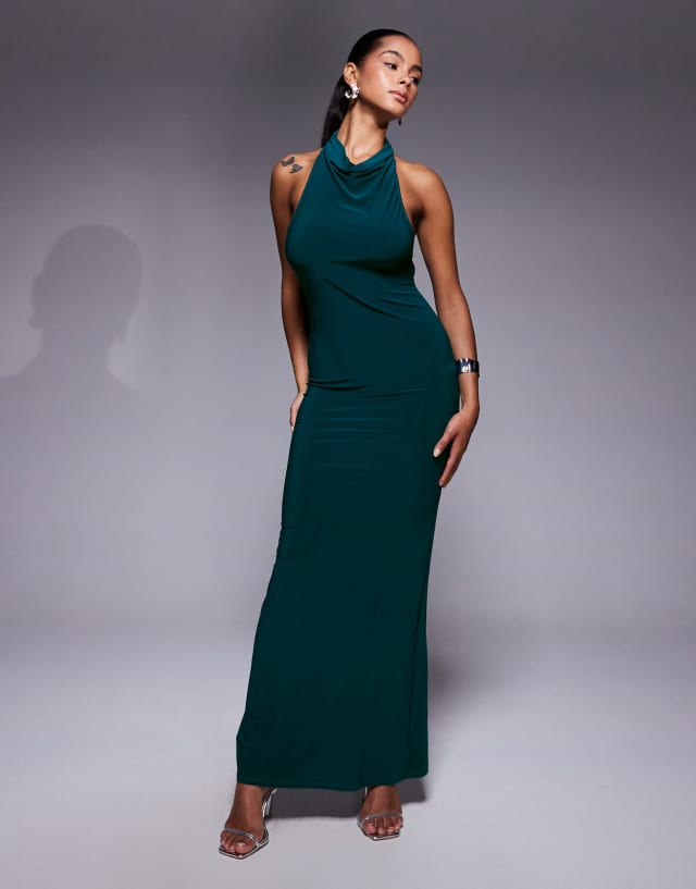 ASOS DESIGN halter draped maxi dress with open back in petrol blue