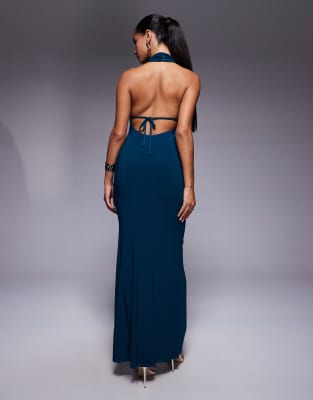 Asos Design Halter Draped Maxi Dress With Open Back In Blue