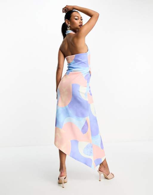 ASOS DESIGN halter draped midi skater dress in pink and blue smudge print