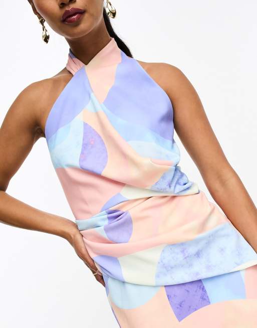 ASOS DESIGN halter draped midi skater dress in pink and blue smudge print, 3 of 4