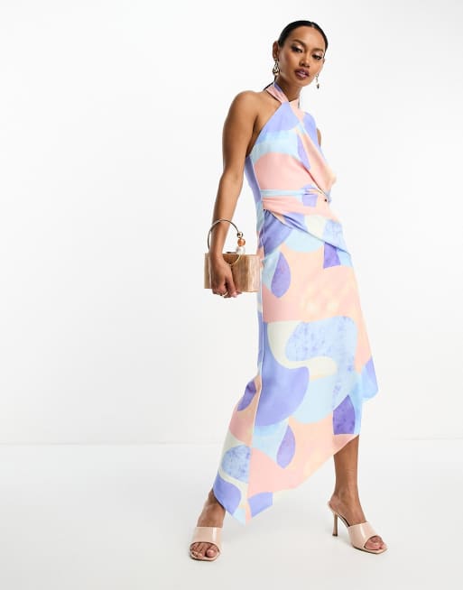 ASOS DESIGN halter draped midi skater dress in pink and blue smudge print, 4 of 4
