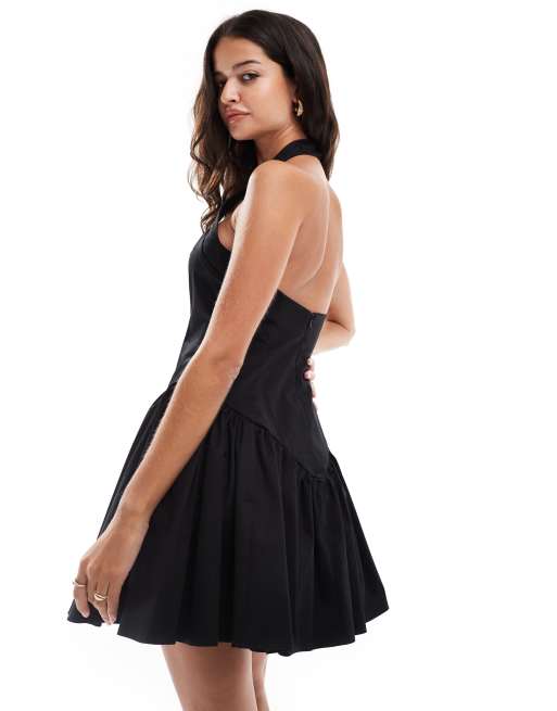 ASOS DESIGN halter drop waist full skirt mini dress in black | ASOS