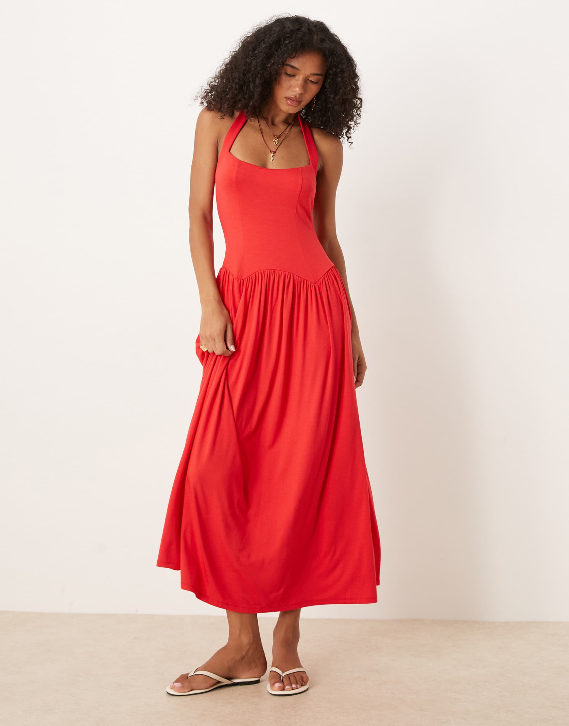 asos design halter dropped waist midi dress in red