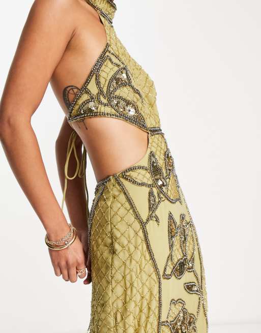 Olive Print Halter Dress - Golden Yellow