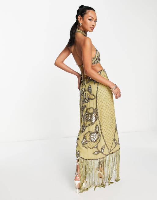 ASOS DESIGN halter embellished pencil midi dress with floral artwork and  fringing in olive