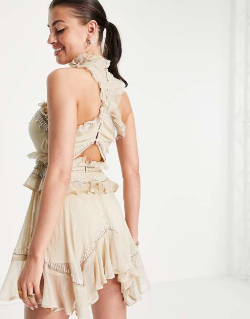 ASOS DESIGN halter embellished tiered mini dress with raw edge detail, 4 of 4