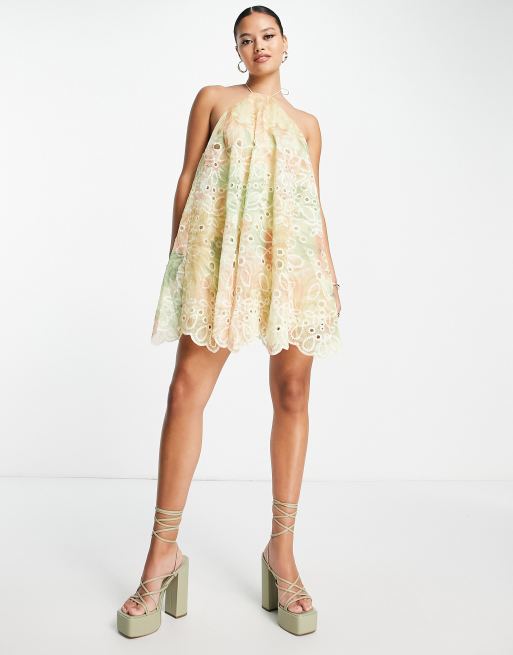 ASOS DESIGN halter floral eyelet mini dress with watercolor floral