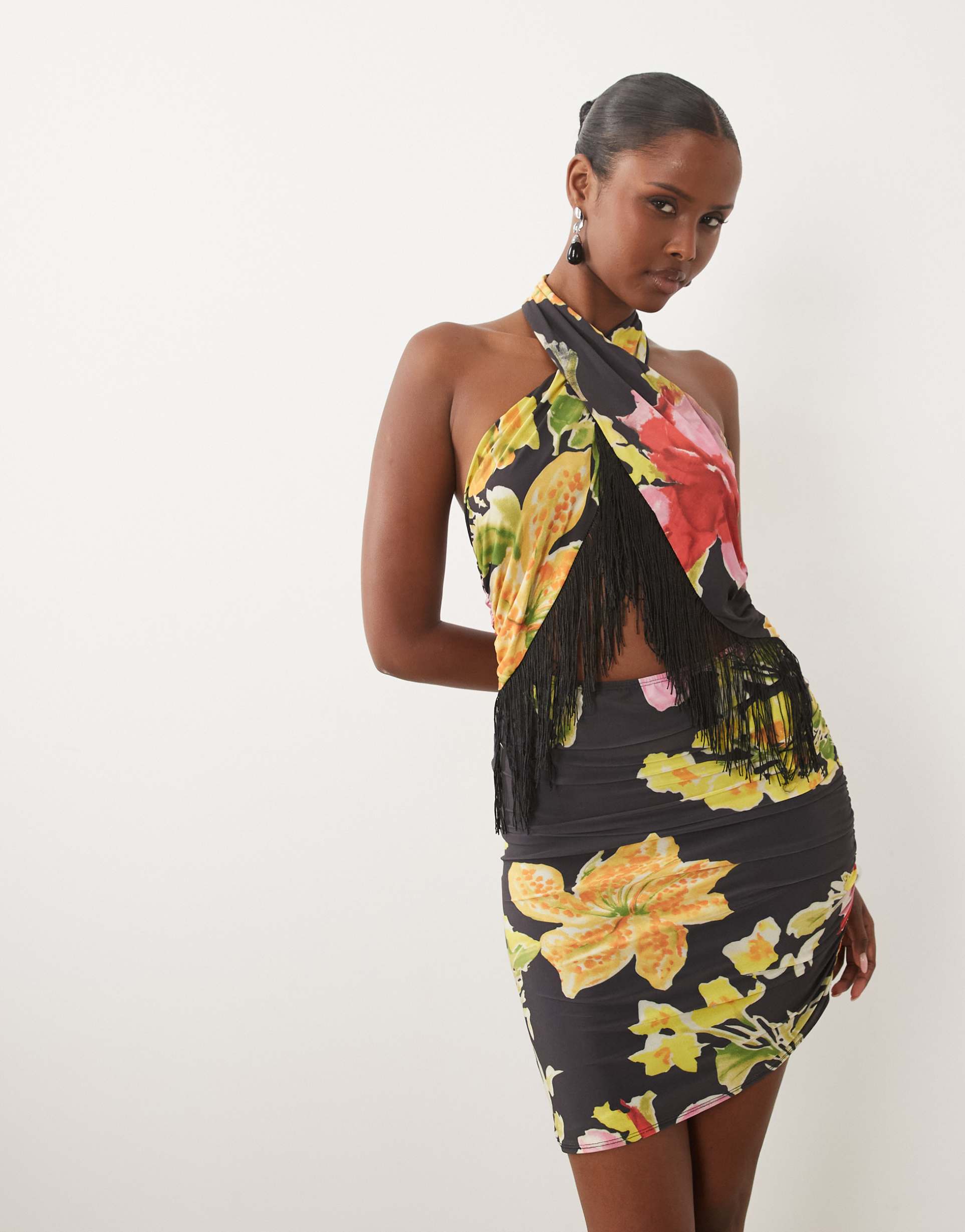 asos design halter fringed print floral mini dress in black