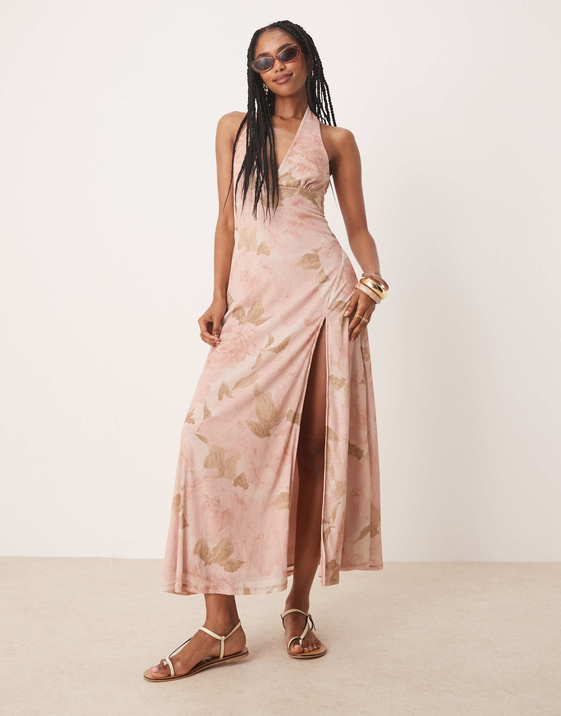 asos design halter front split midi dress in pink vintage floral