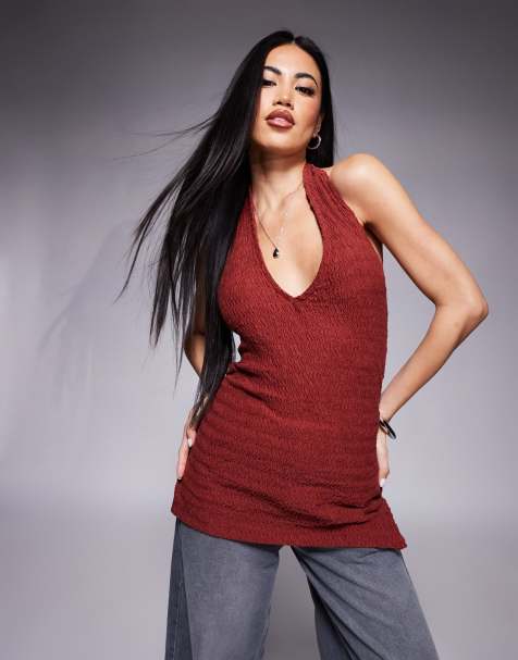 ASOS DESIGN halter gathered side textured top in brown - view 1