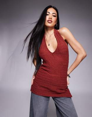 [ASOS DESIGN] ASOS DESIGN halter gathered side textured top in brown S BROWN