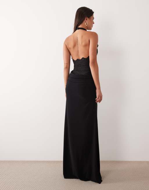 ASOS DESIGN halter high neck lace maxi dress with draped skirt in black, 3 of 4