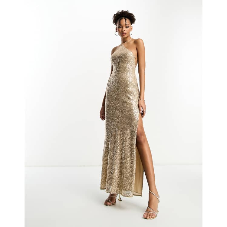 ASOS DESIGN halter lace up back maxi dress in allover sequin in gold