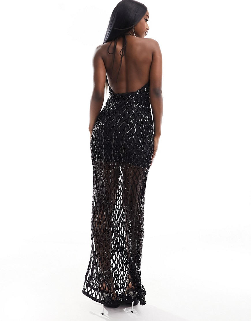 ASOS DESIGN halter lattice embellished maxi dress with split in black