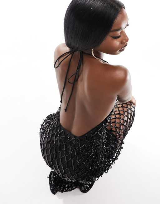 Black Fishnet Long Sleeve Split Maxi Dress