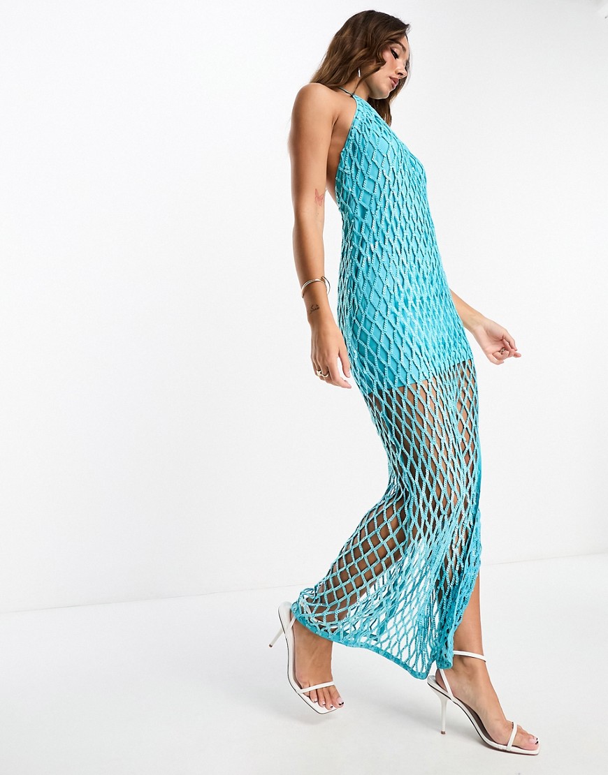 ASOS DESIGN halter lattice embellished maxi dress with split in turquoise-Blue