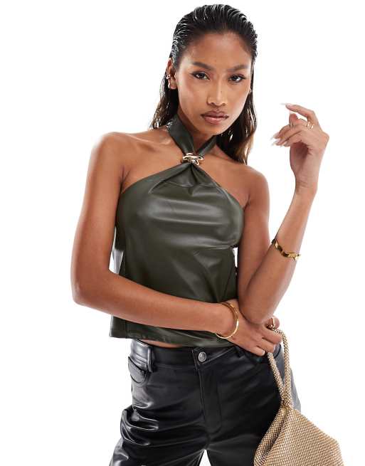 ASOS DESIGN halter leather look top with gold hardware detail in khaki