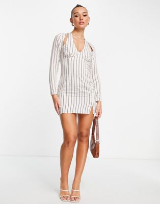 ASOS DESIGN halter linen mini dress with long sleeve in stripe  | ASOS