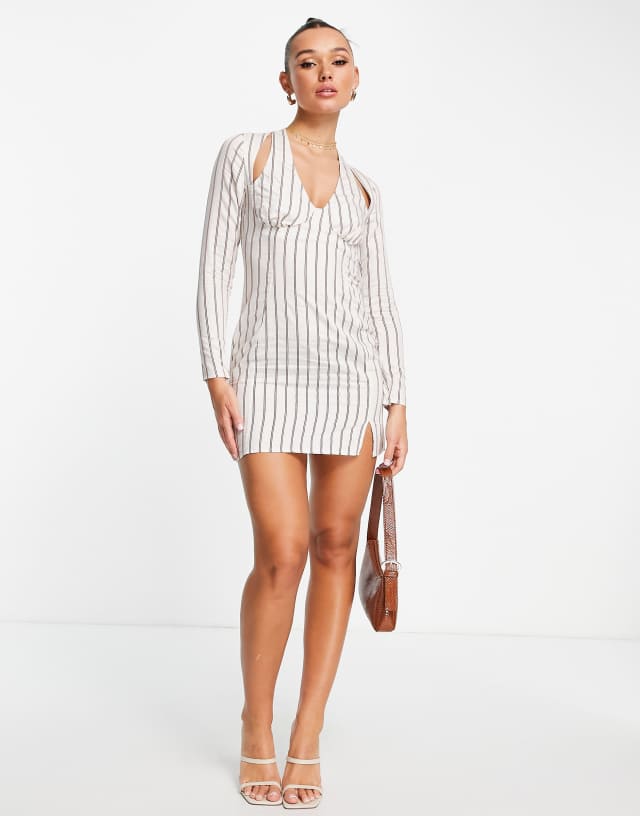 ASOS DESIGN halter linen mini dress with long sleeve in stripe