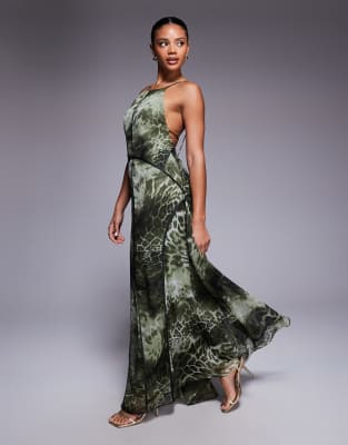 Asos Design Halter Low Back Maxi Dress With Binding In Green