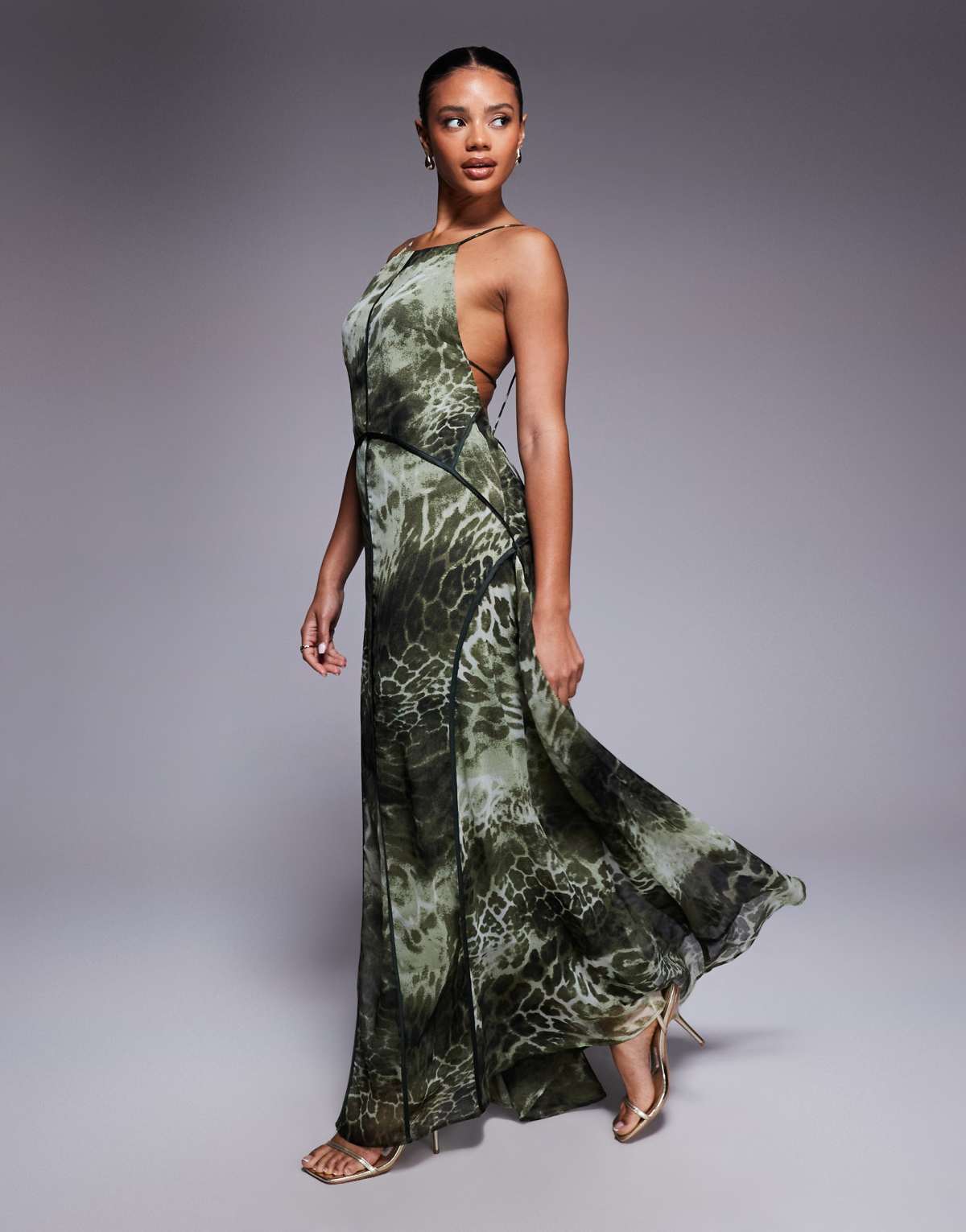 ASOS DESIGN halter low back maxi dress with binding in green animal print