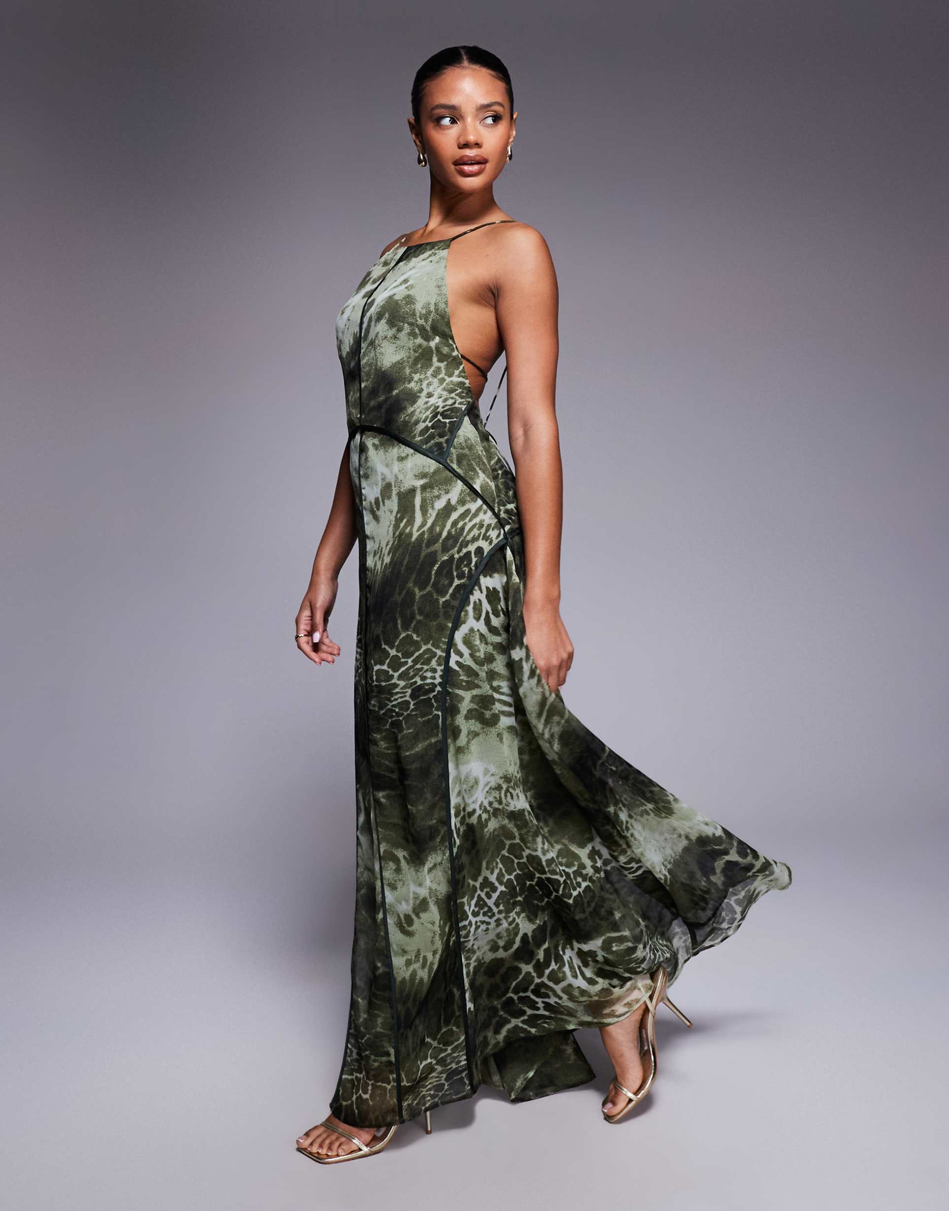 asos design halter low back maxi dress with binding in green animal print