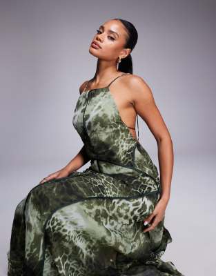 Asos Design Halter Low Back Maxi Dress With Binding In Green
