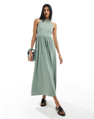 halter low back midi sundress in light green-Multi