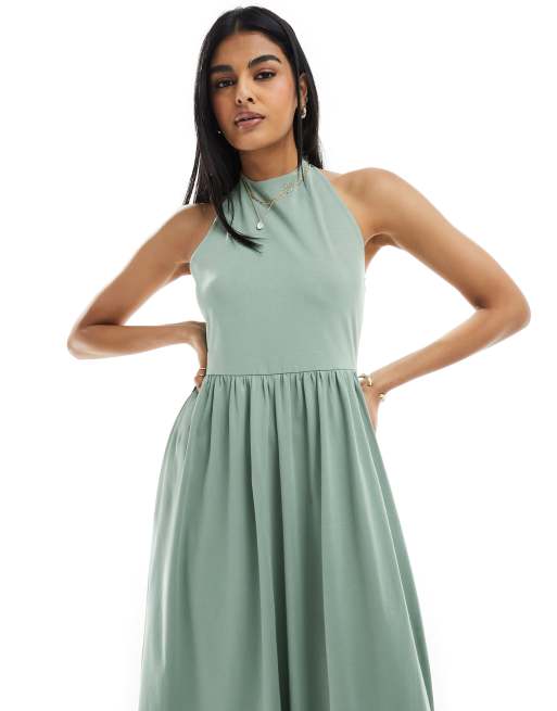 green emerald velvet dress Cindylou Halter Knit Maxi Dress - Light Olive main image 0