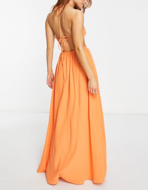 ASOS Backless Halter Pleated Maxi Dress in Orange