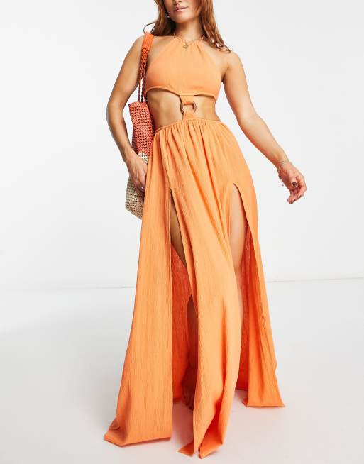 ASOS Backless Halter Pleated Maxi Dress in Orange