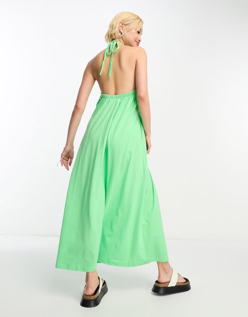 green emerald velvet dress Mint Tropical Leaves Halter Neck Midi Dress with Sash_Plus 3X main image 0
