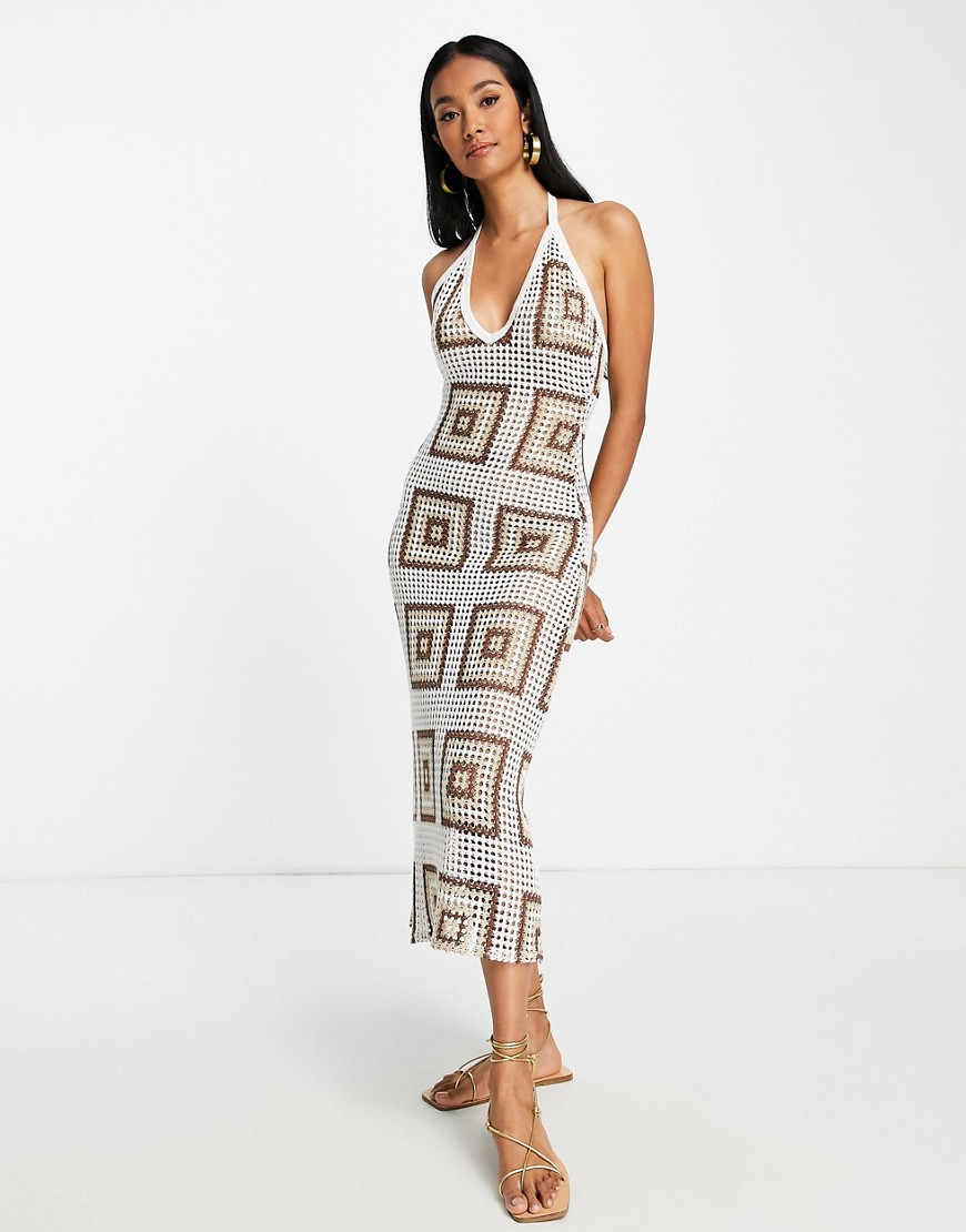 ASOS DESIGN halter maxi dress in brown crochet with square print-Multi