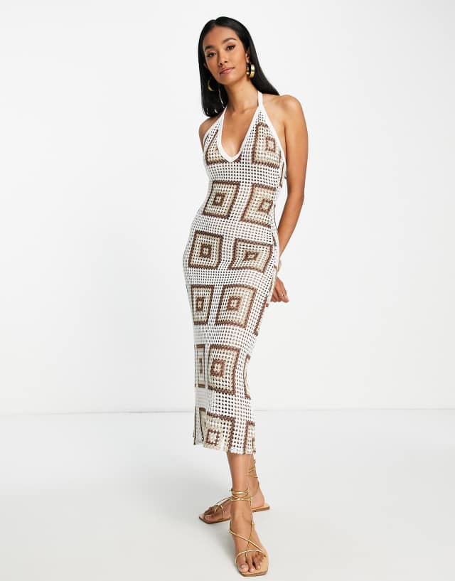 ASOS DESIGN halter maxi dress in brown crochet with square print