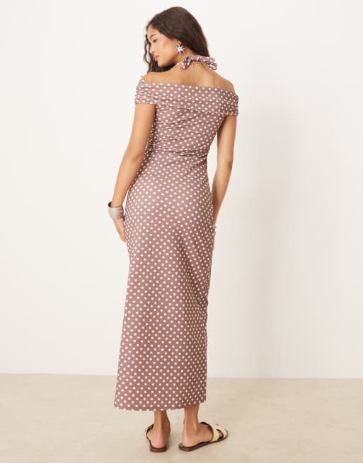 ASOS DESIGN halter maxi dress in brown polka dots