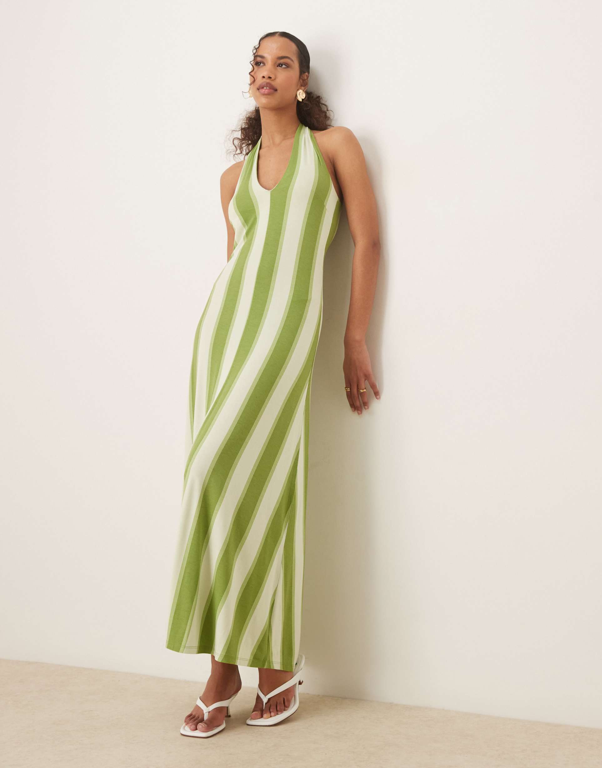 asos design halter maxi dress in green stripe