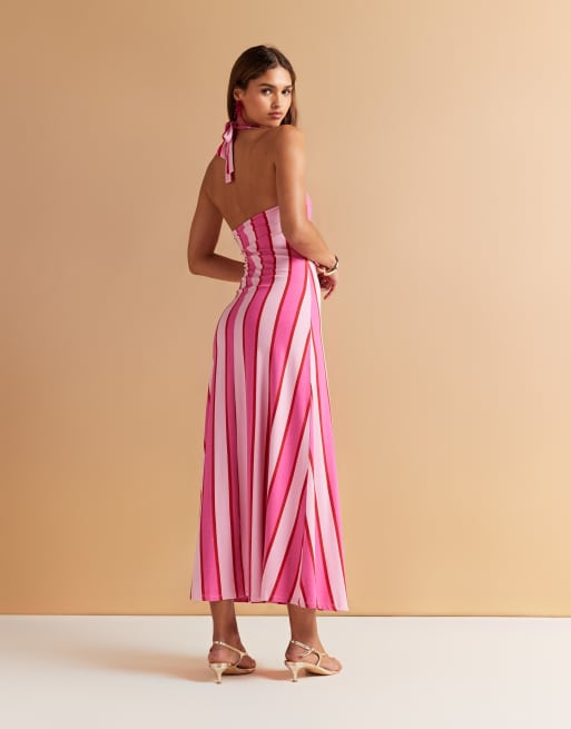 ASOS DESIGN halter maxi dress printed in pink stripe