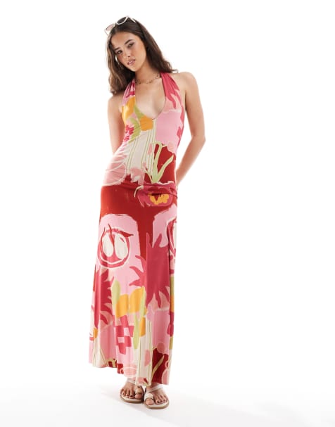 ASOS DESIGN halter maxi dress printed pink abstract print - view 1