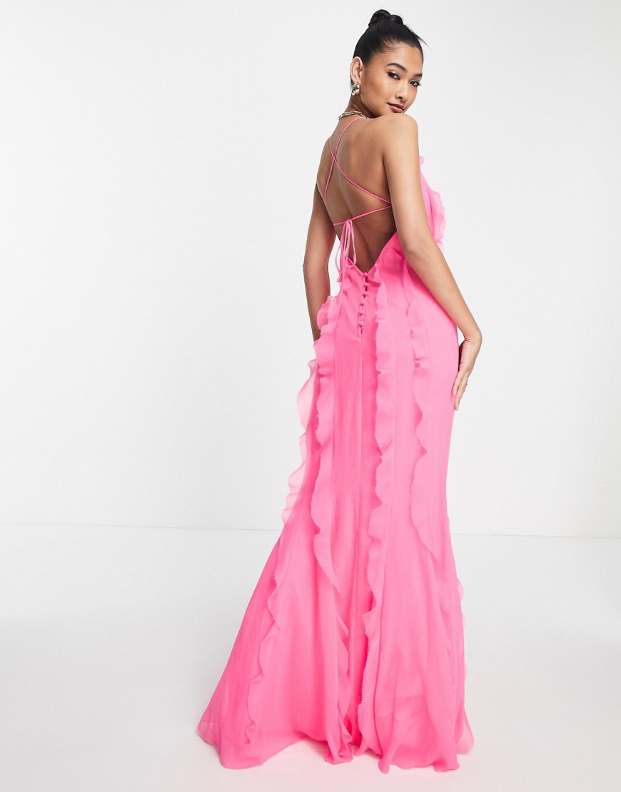 ASOS DESIGN halter maxi dress with bias ruffle detail in pink