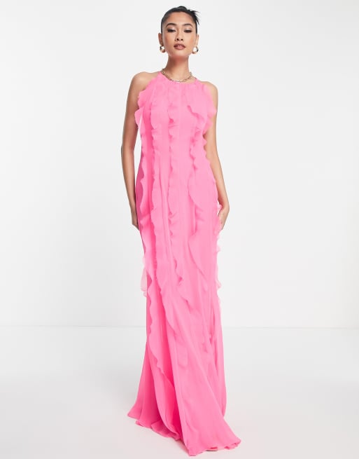 ASOS DESIGN halter maxi dress with bias ruffle detail in pink