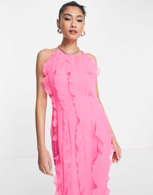 ASOS DESIGN halter maxi dress with bias ruffle detail in pink