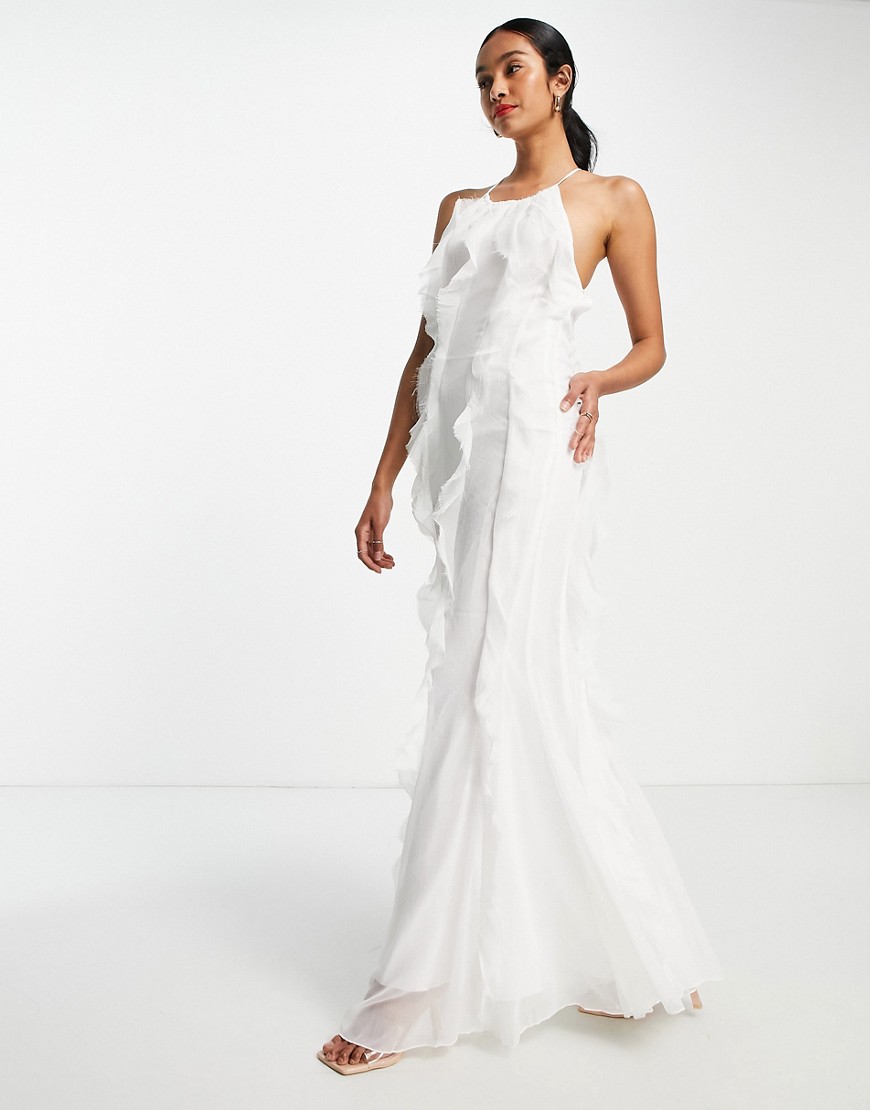 ASOS DESIGN halter maxi dress with bias ruffle detail in white