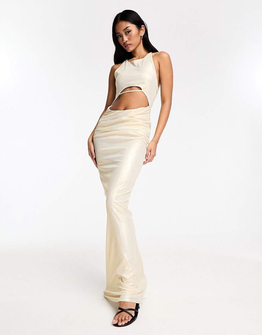 ASOS DESIGN halter maxi dress with central cut out in metallic gold