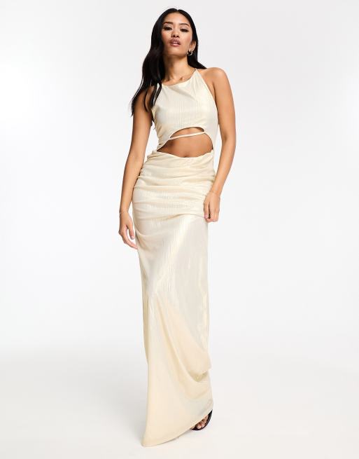 ASOS DESIGN halter maxi dress with central cut out in metallic gold