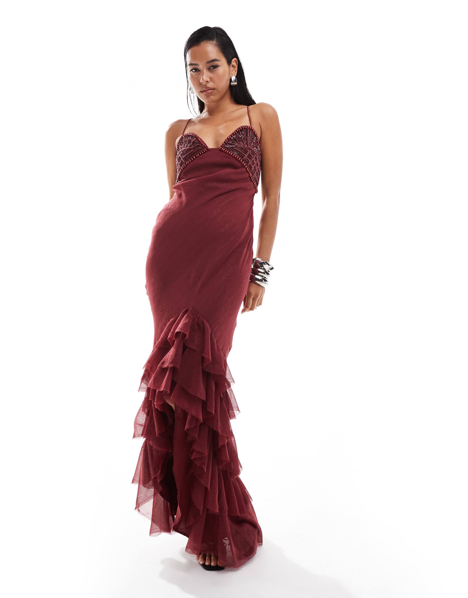 asos design halter maxi dress with embellished bodice and ruffle hem detail in burgundy